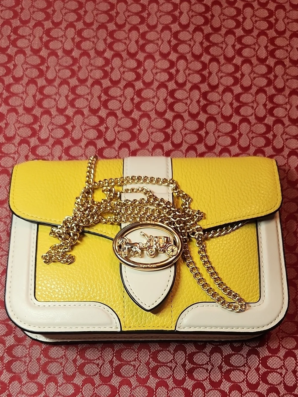 Coach Yellow and White Leather Crossbody with Gold Chain